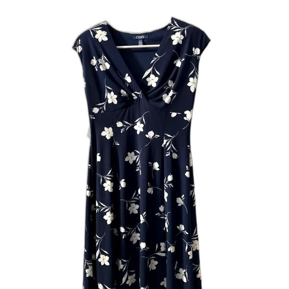 Chaps Navy Blue & White Floral Faux-Wrap A-Line Midi Dress - Size 8